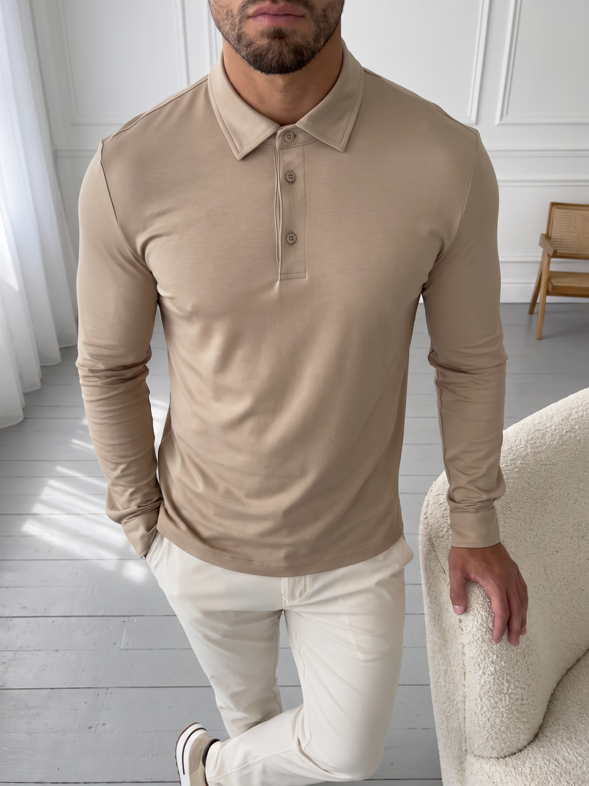 Long Sleeve Mercerised Polo Desert