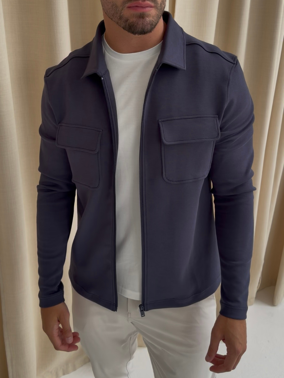 Premium Jersey Interlock Full Zip Overshirt Navy