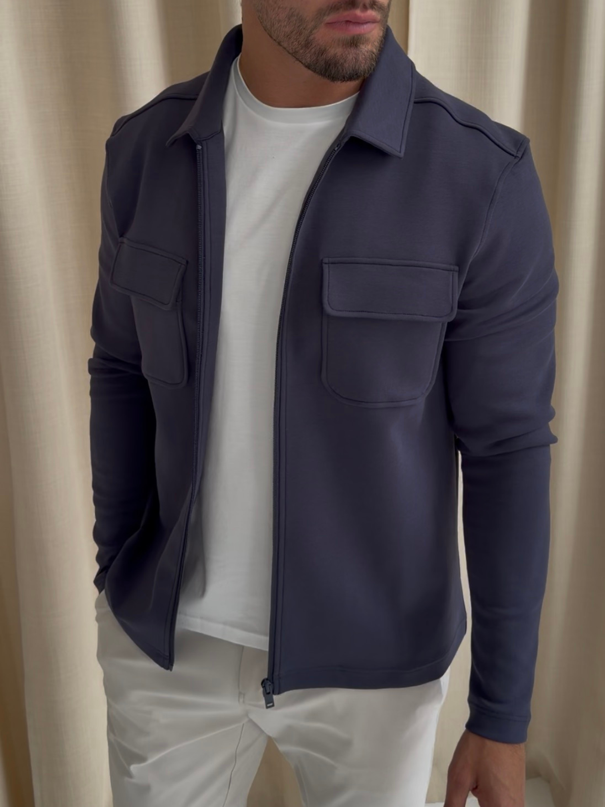 Premium Jersey Interlock Full Zip Overshirt Navy