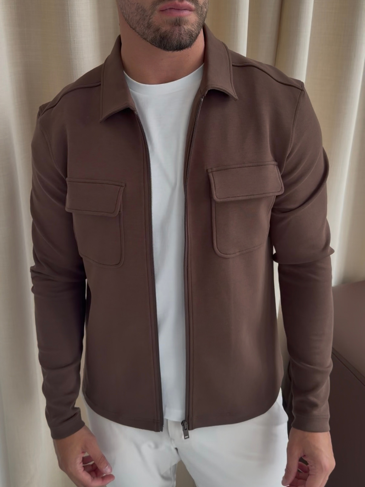 Premium Jersey Interlock Full Zip Overshirt Brown