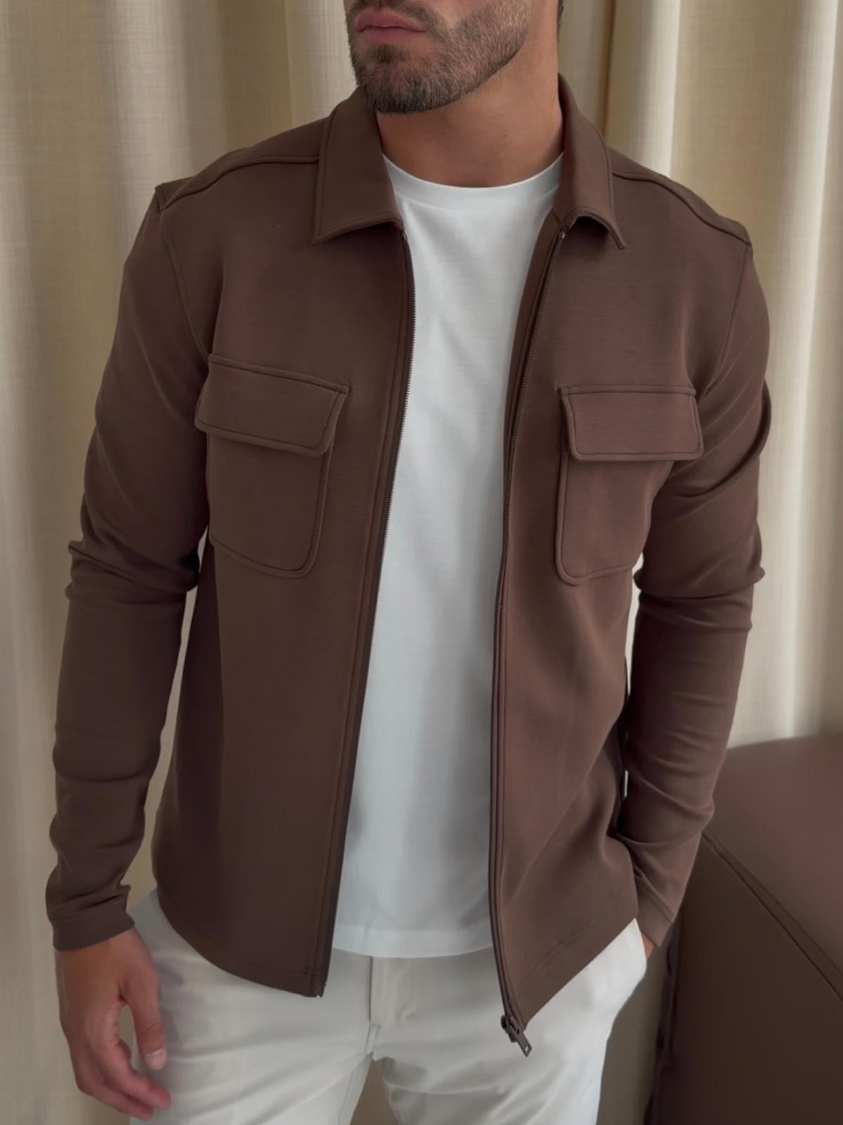 Premium Jersey Interlock Full Zip Overshirt Brown
