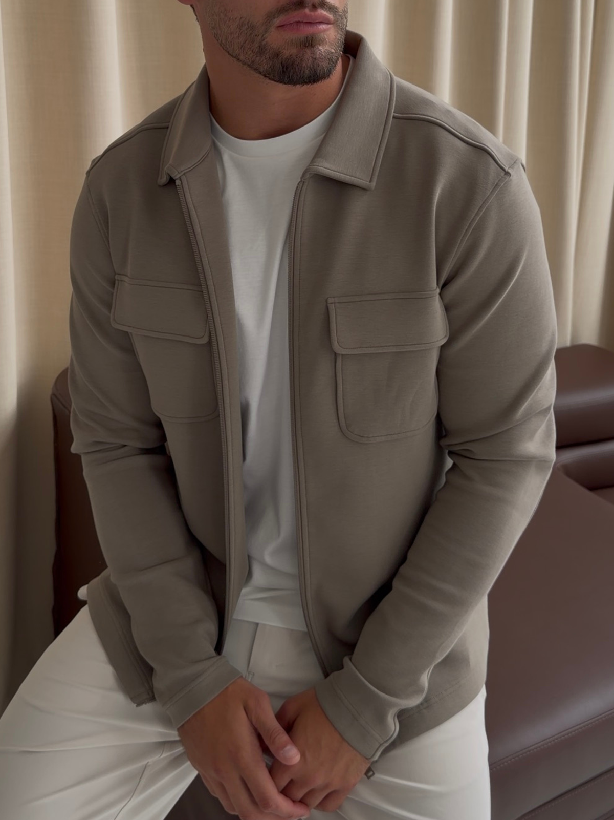 Premium Jersey Interlock Full Zip Overshirt Khaki