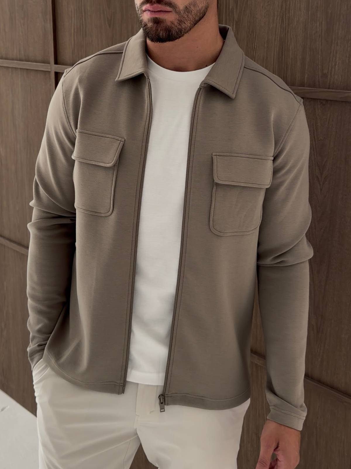 Premium Jersey Interlock Full Zip Overshirt Khaki