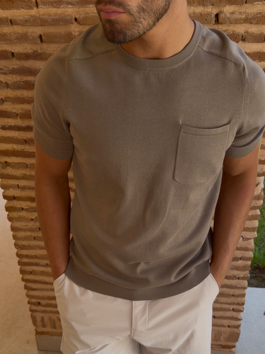 Knitted Short Sleeve Crew Neck Pocket T-Shirt