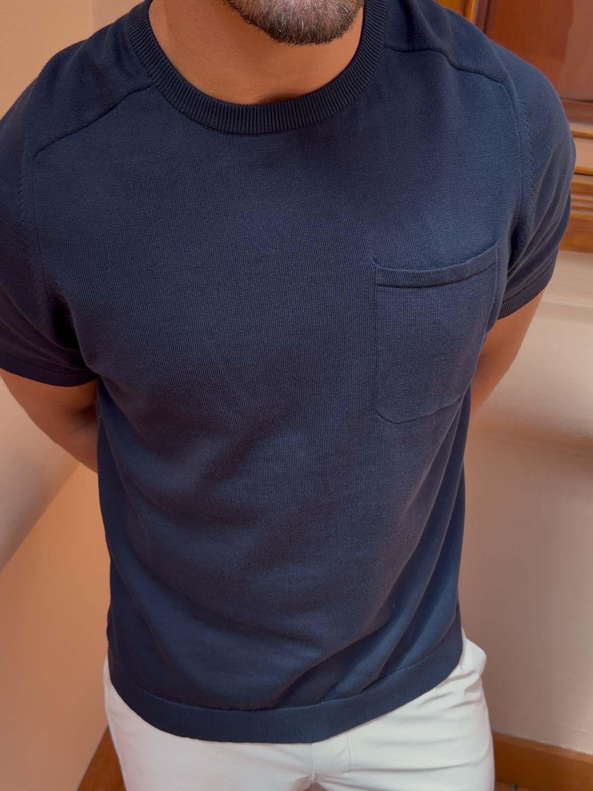 Knitted Short Sleeve Crew Neck Pocket T-Shirt
